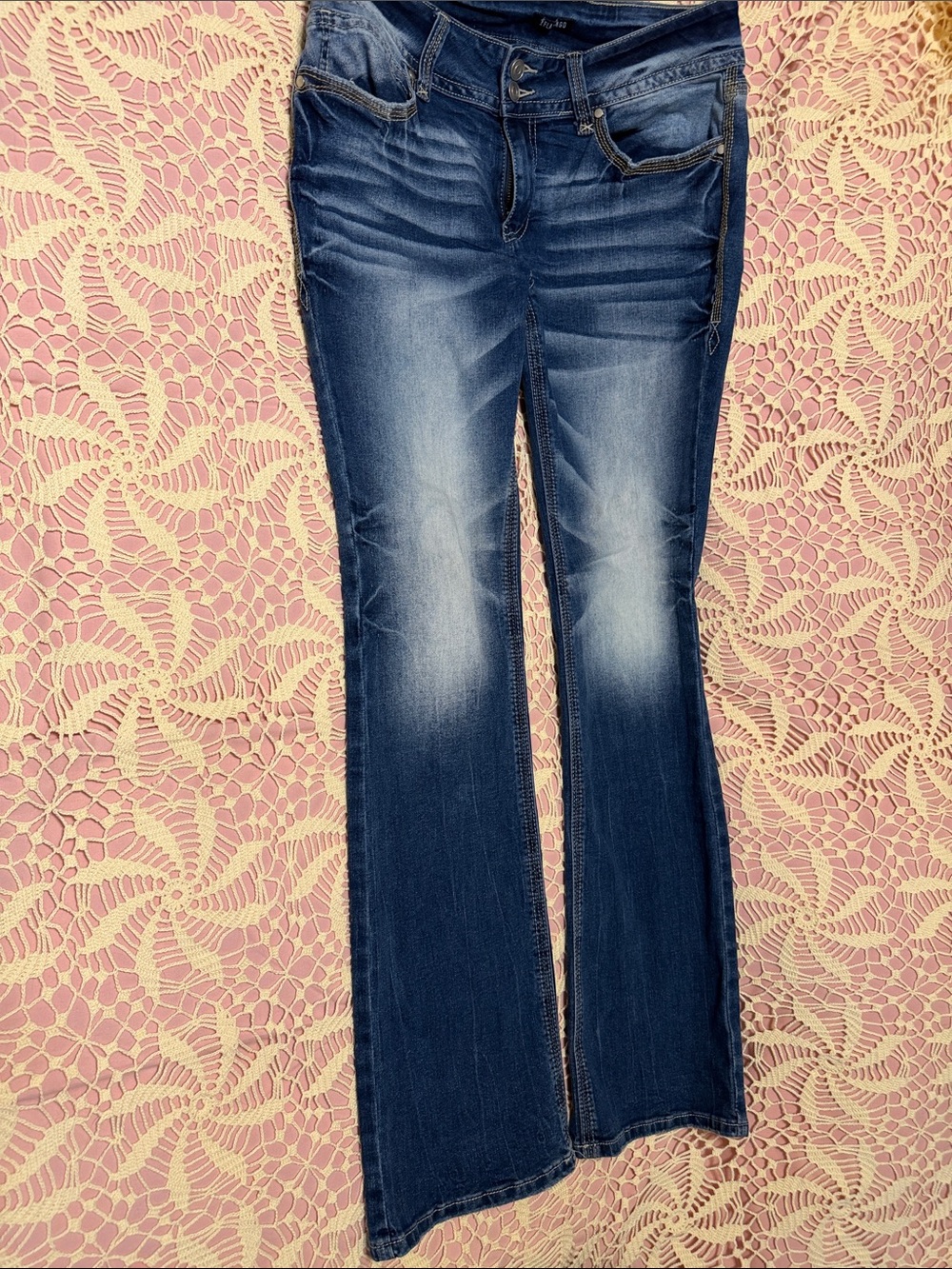 Dark Blue Flare Jeans with Faded Detail